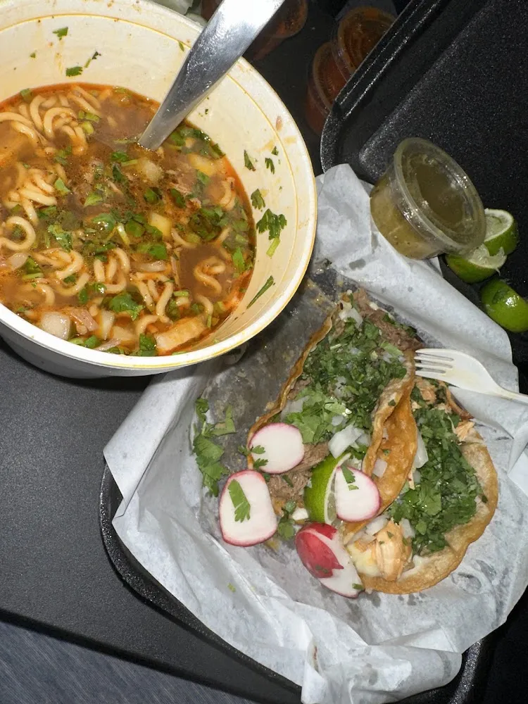 Birria Ramen with Beef and Chicken Birria Tacos